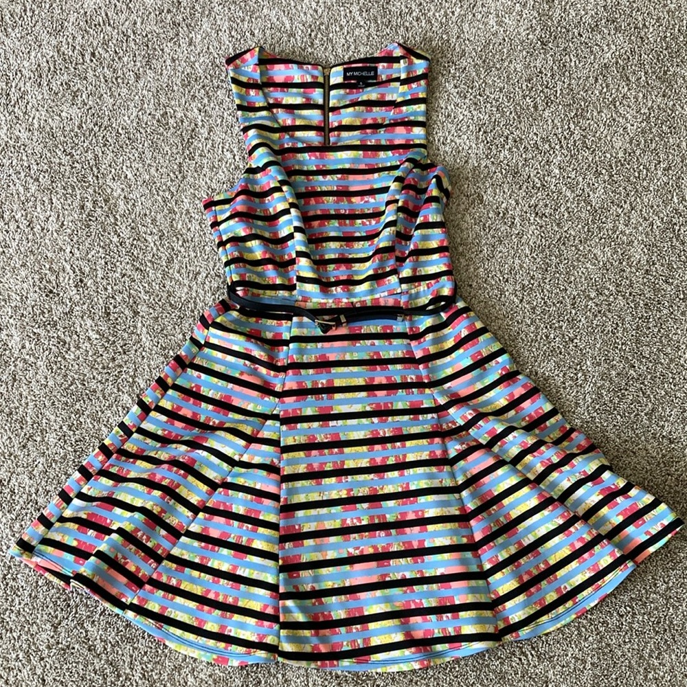 My Michelle Colorful Striped A-line Dress with Removable Black Belt
